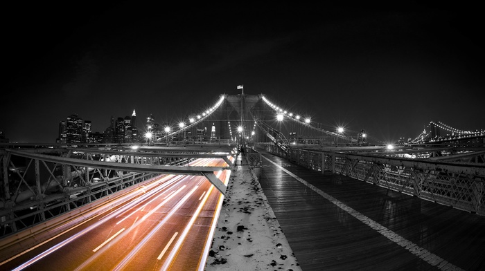 city, architecture, New York City, selective coloring, night, urban, photography, Brooklyn Bridge, bridge, lights, cityscape