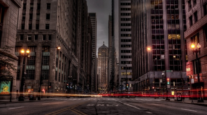photography, Chicago, city, street, light trails, long exposure, HDR, building