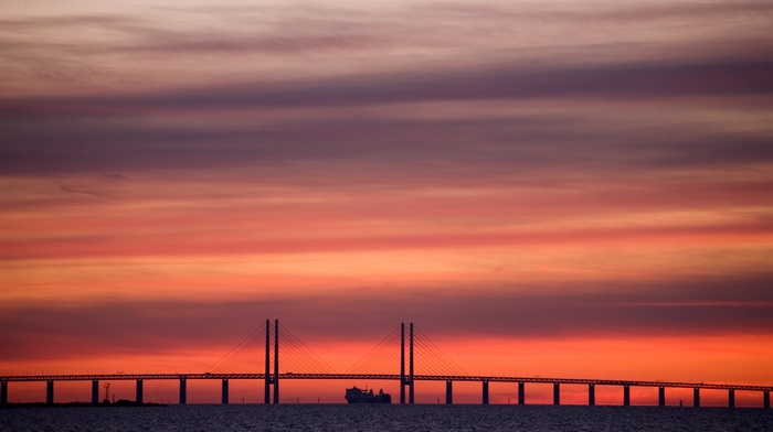 ship, sea, Denmark, bridge, Sweden, photography, water