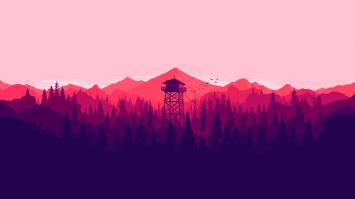 artwork, colorful, mountains, forest, landscape, fire lookout tower, digital art, nature, Olly Moss, illustration, tower, firewatch, minimalism, video games