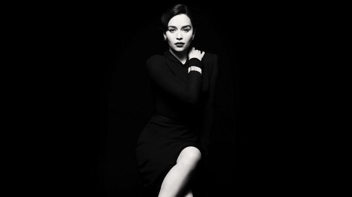 glamour, Emilia Clarke, celebrity, girl, simple background, actress, looking at viewer, monochrome, brunette