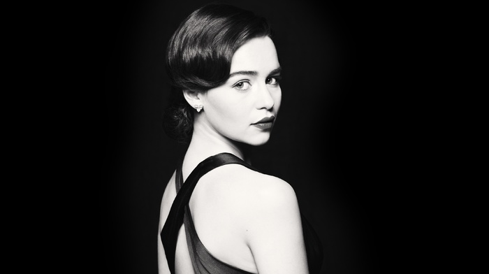 girl, celebrity, looking at viewer, Emilia Clarke, brunette, simple background, monochrome, glamour, actress