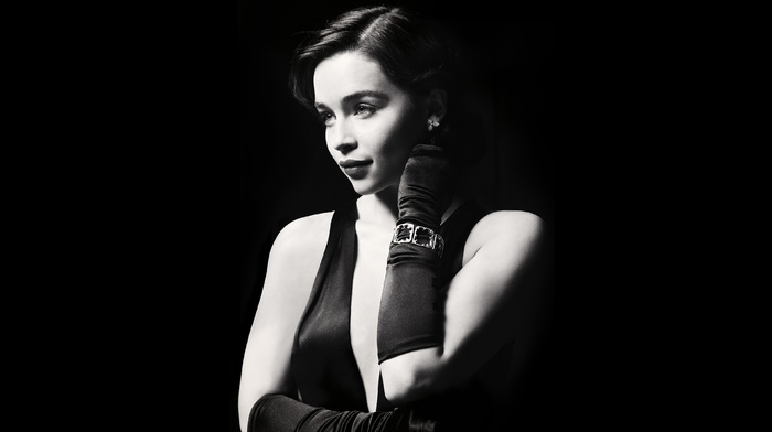 gloves, simple background, girl, brunette, glamour, celebrity, actress, Emilia Clarke, monochrome, looking away