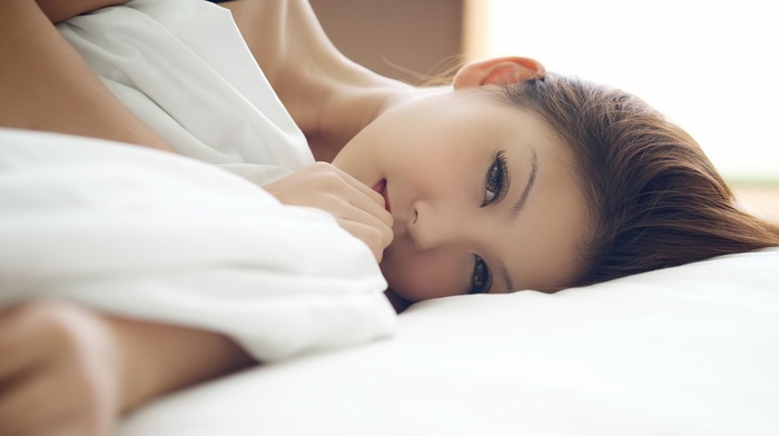 girl, brunette, model, Japanese, in bed