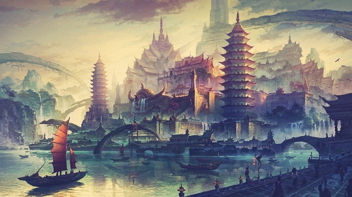 Asian architecture, fantasy art, ship, traditional art, chinese, China