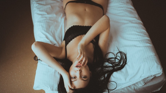 Alexander Muravyov, girl, lying on back, black panties, noisy, black hair, upside down, finger in mouth, lingerie, brunette, black bras