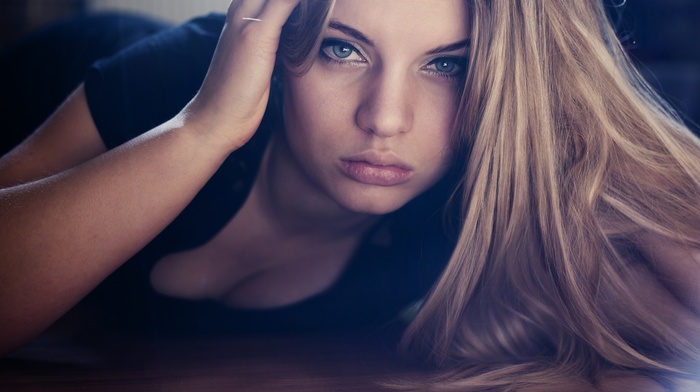 girl, hands on head, face, looking at viewer, blonde, blue eyes, portrait