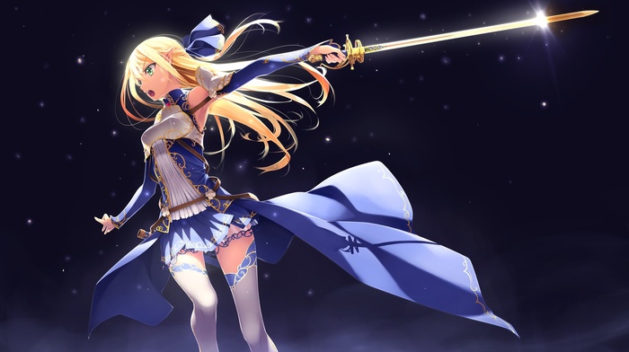 pointed ears, sword, original characters, green eyes, blonde, anime, anime girls, thigh, highs