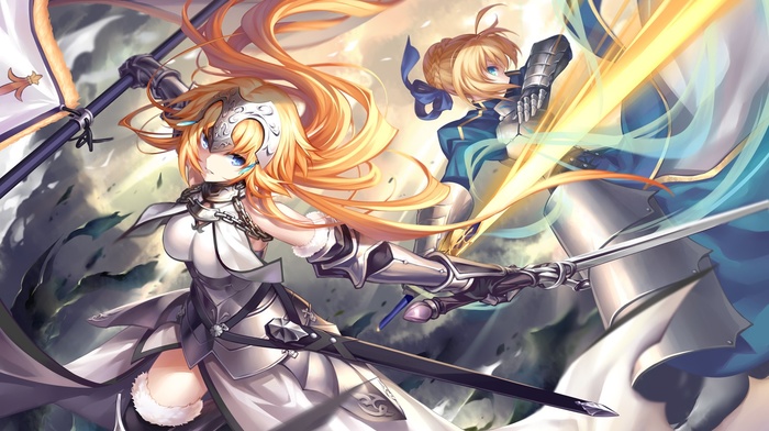 fate series, sword, anime girls, Saber, Ruler FateGrand Order, FateApocrypha, fighting, anime, Joan of Arc