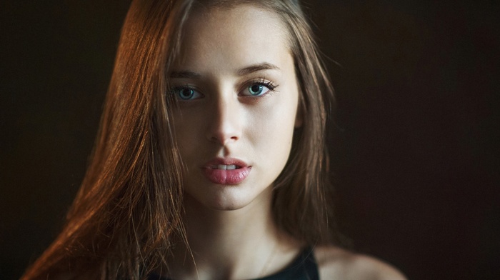model, girl, face, Olesya Grimaylo, portrait, brunette, blue eyes, Maxim Maximov, simple background