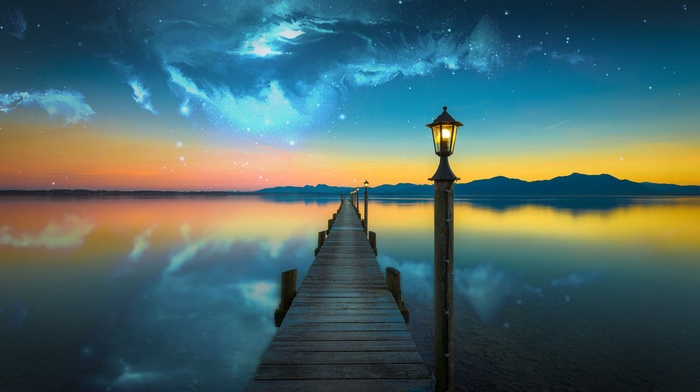 evening, lake, water, nebula, space, photo manipulation, bridge