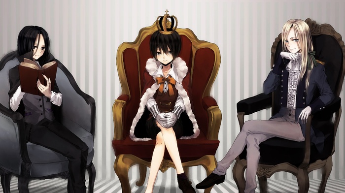 Harry Potter, Lord Voldemort, Lucius Malfoy, Severus Snape, crown, anime, sitting