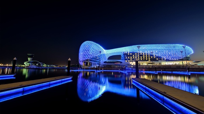 Abu Dhabi, water, Yas Marina Circuit, photography, race tracks, night, reflection, lights