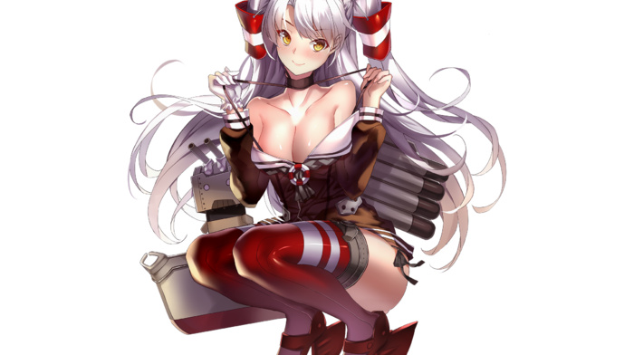 anime, artwork, cleavage, anime girls, Kantai Collection, thigh, highs, Amatsukaze Kancolle, silver hair