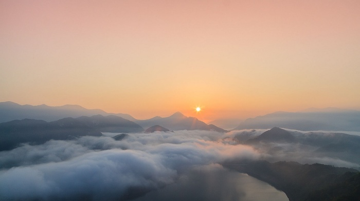 landscape, clouds, aerial view, mist, nature, lake, mountains