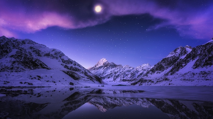 snow, moonlight, reflection, stars, evening, moon, clouds, lake, nature, mountains, New Zealand, landscape