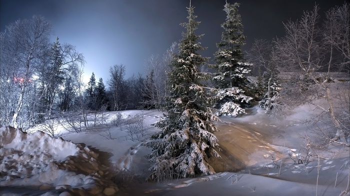 trees, landscape, snow, lights, cold, hills, nature, forest, winter