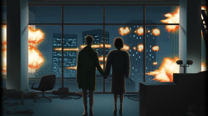 movies, explosion, fight club, artwork, holding hands