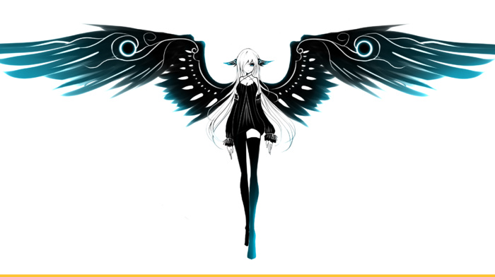 wings, black dress, angel, white hair