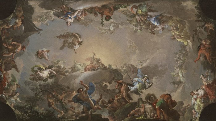 Greek mythology, clouds, artwork, classic art, giant, Putti, battle
