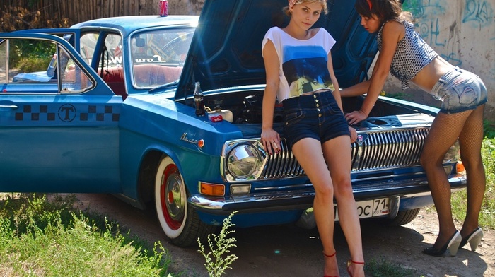 brunette, russian, blonde, coca, cola, girl with cars, legs, jean shorts, Vintage car