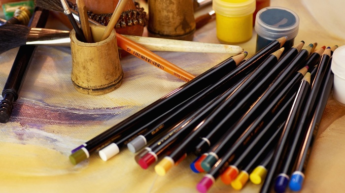 tools, pencils, paintbrushes