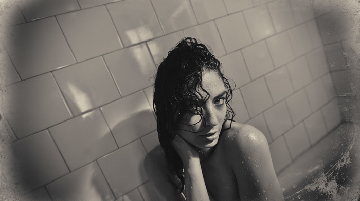 model, bathtub, monochrome, girl