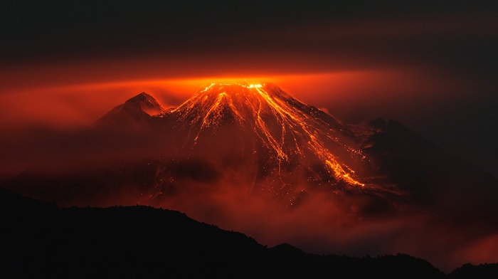 volcanic eruption, nature, Ecuador, volcano, orange, night, lava, mountains, red, landscape, silhouette