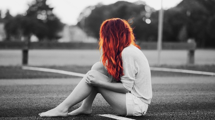 long hair, looking away, girl, depth of field, selective coloring, sitting, redhead