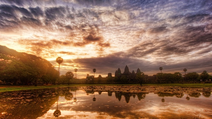 pond, Cambodia, water, sky, World Heritage Site, nature, clouds, trees, Angkor, reflection, temple, landscape