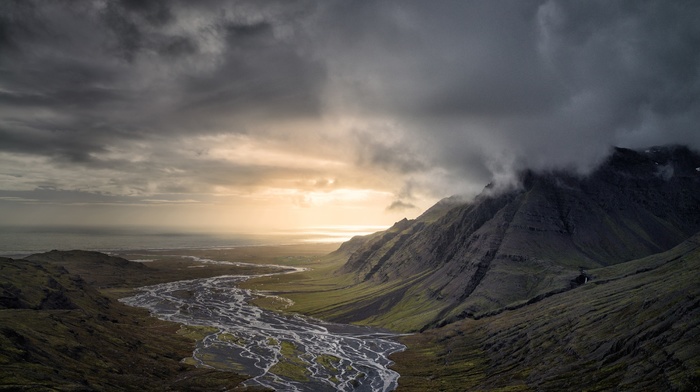 sunset, river, valley, Iceland, clouds, landscape, sea, dark, nature, mountains