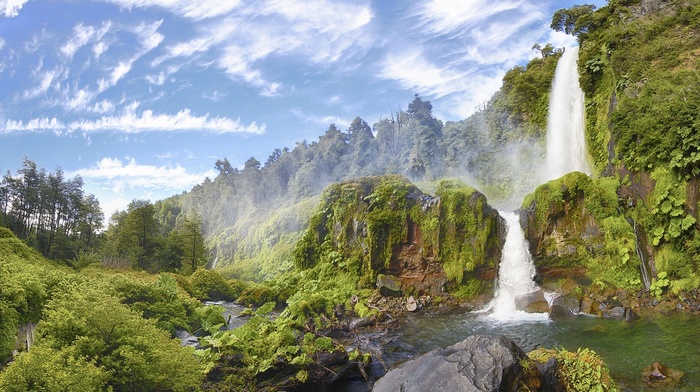 nature, panoramas, hills, national park, forest, shrubs, moss, Chile, waterfall, pond, river, summer, landscape, clouds, trees