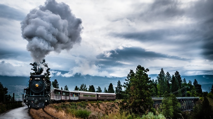 mountains, landscape, clouds, machine, train, nature, railway, bridge, trees, steam locomotive, smoke