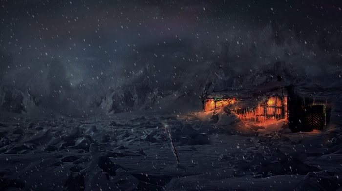 fantasy art, snow, lights, north pole