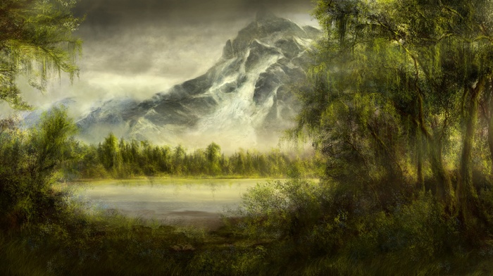 trees, mountains, artwork