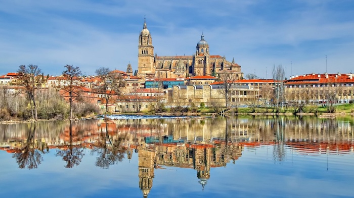 reflection, building, cathedral, Spain, tower, old building, architecture, lake, town, trees, house, clouds, water