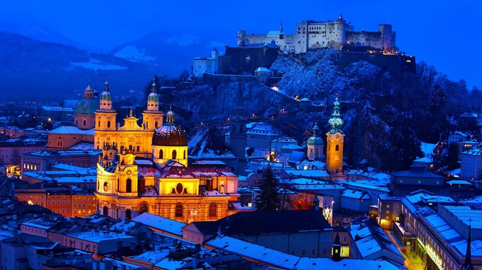 Austria, building, town, hills, forest, house, mountains, ancient, trees, church, old building, snow, castle, rock, evening, Salzburg, rooftops, architecture, lights, cathedral, winter