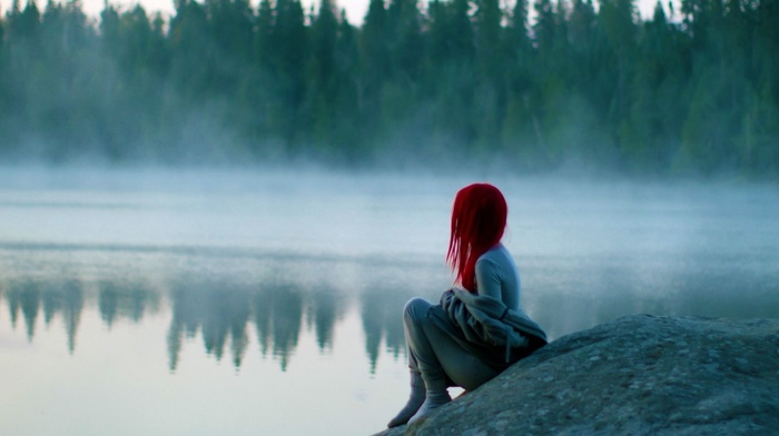 reflection, model, girl outdoors, mist, socks, water, trees, forest, rock, long hair, lake, girl, sitting, redhead