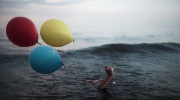 sea, balloon, water, hands