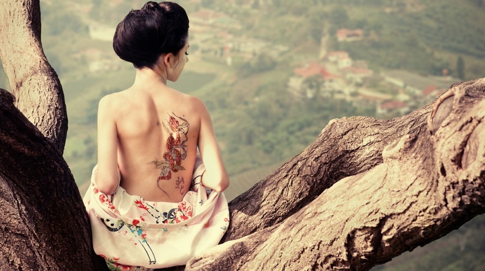 model, tattoo, girl outdoors, Asian, girl