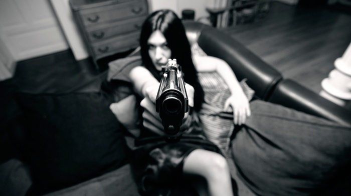 gun, monochrome, weapon, girl, model