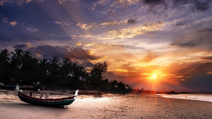 boat, sunset, nature, beach
