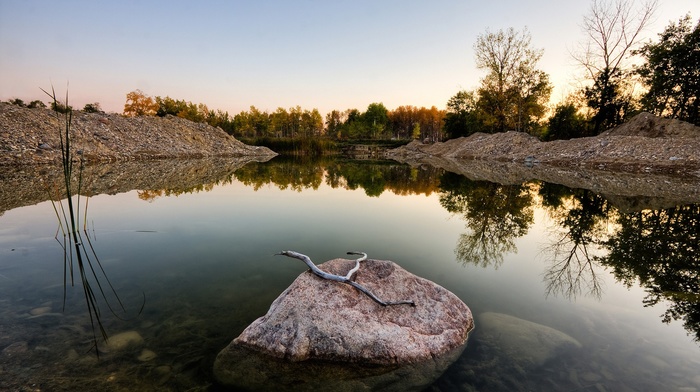 photography, nature, trees, lake, reflection, water, landscape, rock