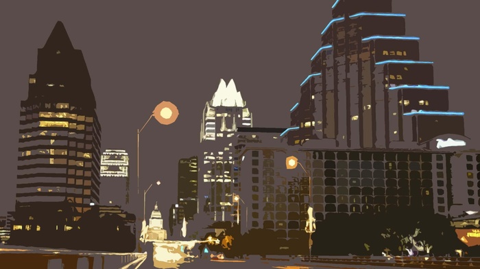 Austin Texas, night, drawing, street, city, lights, urban