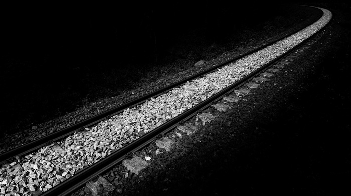 monochrome, minimalism, night, stones, plants, simple, black background, railway