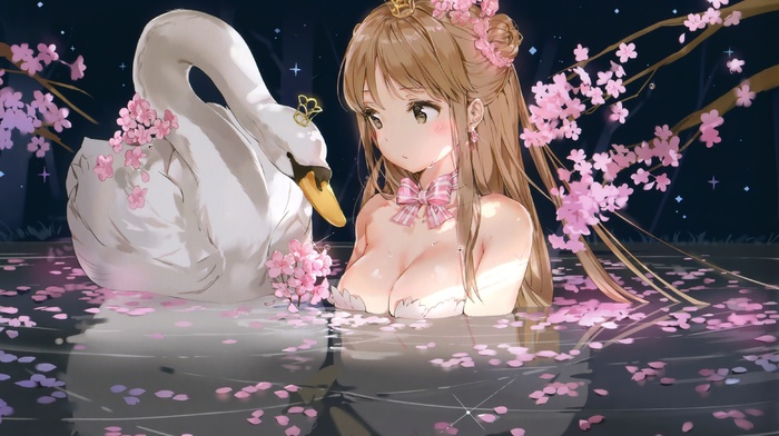 anime girls, brunette, Blossom, cleavage, anime, water, original characters, crown, swan