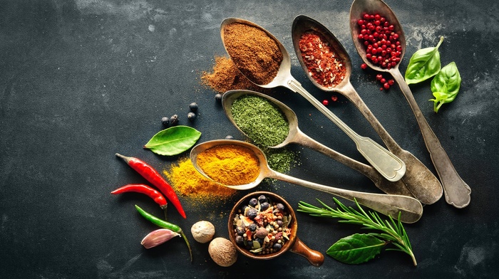 leaves, spices, food, spoons, Pepper
