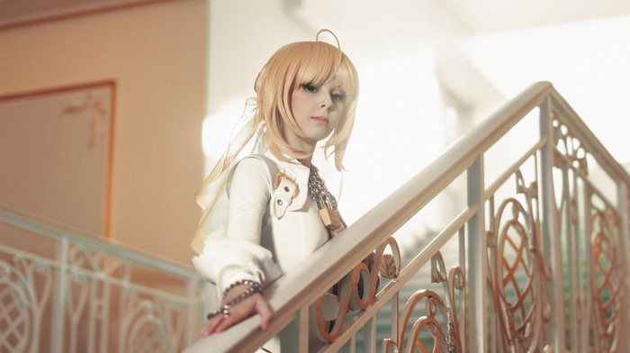 Saber Bride, suits, stairs, Disharmonica, long hair, leather clothing, blonde, Helly von Valentine, leather boots, blue eyes