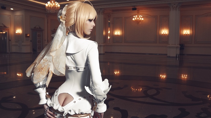 leather boots, Saber Bride, suits, cleavage, Disharmonica, long hair, blue eyes, ass, Helly von Valentine, leather clothing, blonde, rear view, ballroom