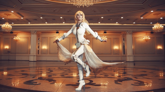 Saber Bride, long hair, Helly von Valentine, blonde, boots, ballroom, cosplay, blue eyes, leather boots, leather clothing, Disharmonica, suits